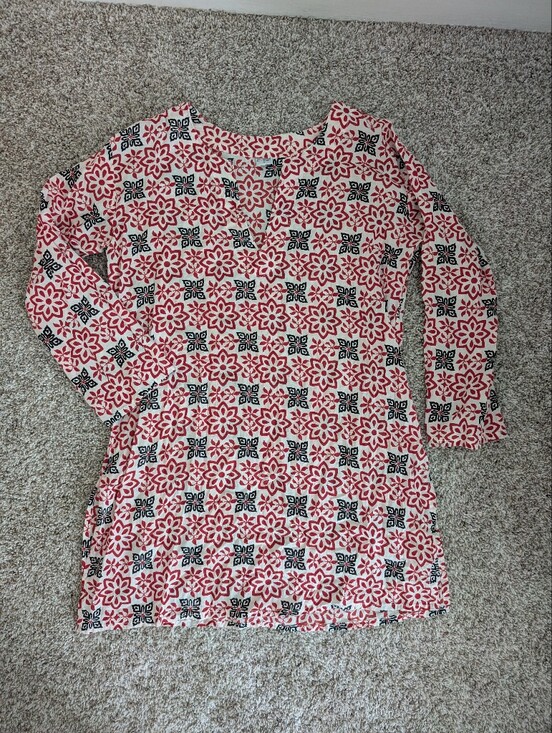 no brand Tops - Women's Red and White Floral Geometric Print‎ Tunic Top In Lightweight Cotton M